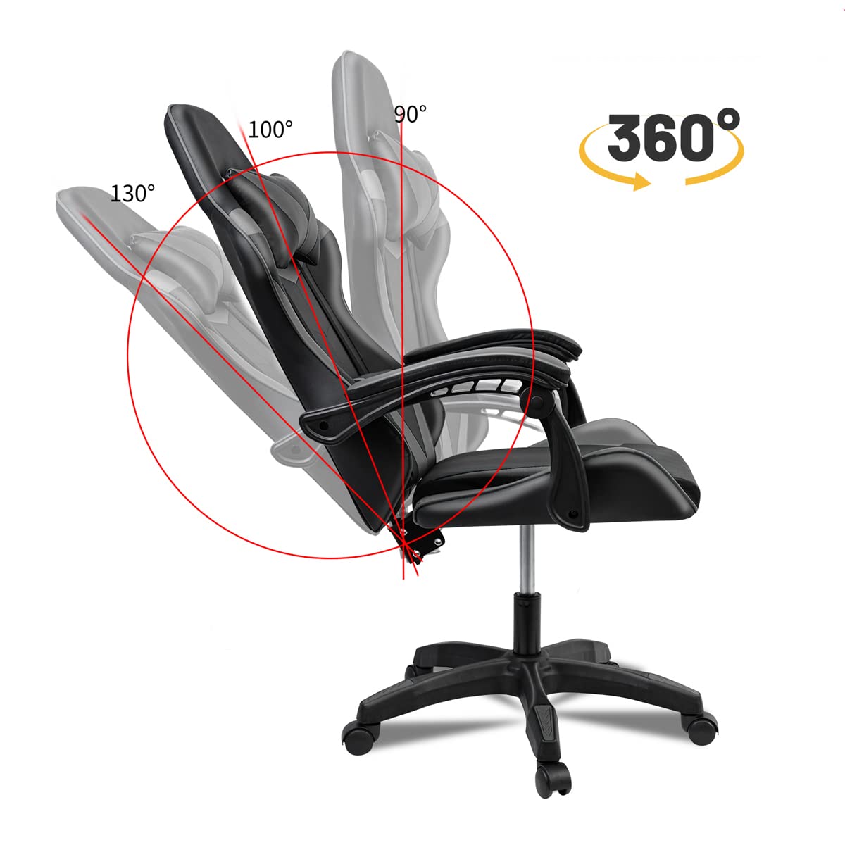 Ergonomic Reclining Gaming Chair with Lumbar and Cervical Cushion | Adjustable Height, Padded Armrests, 360° Wheels | Ideal for Office, Desk, Telework, Study, Gaming, Computer