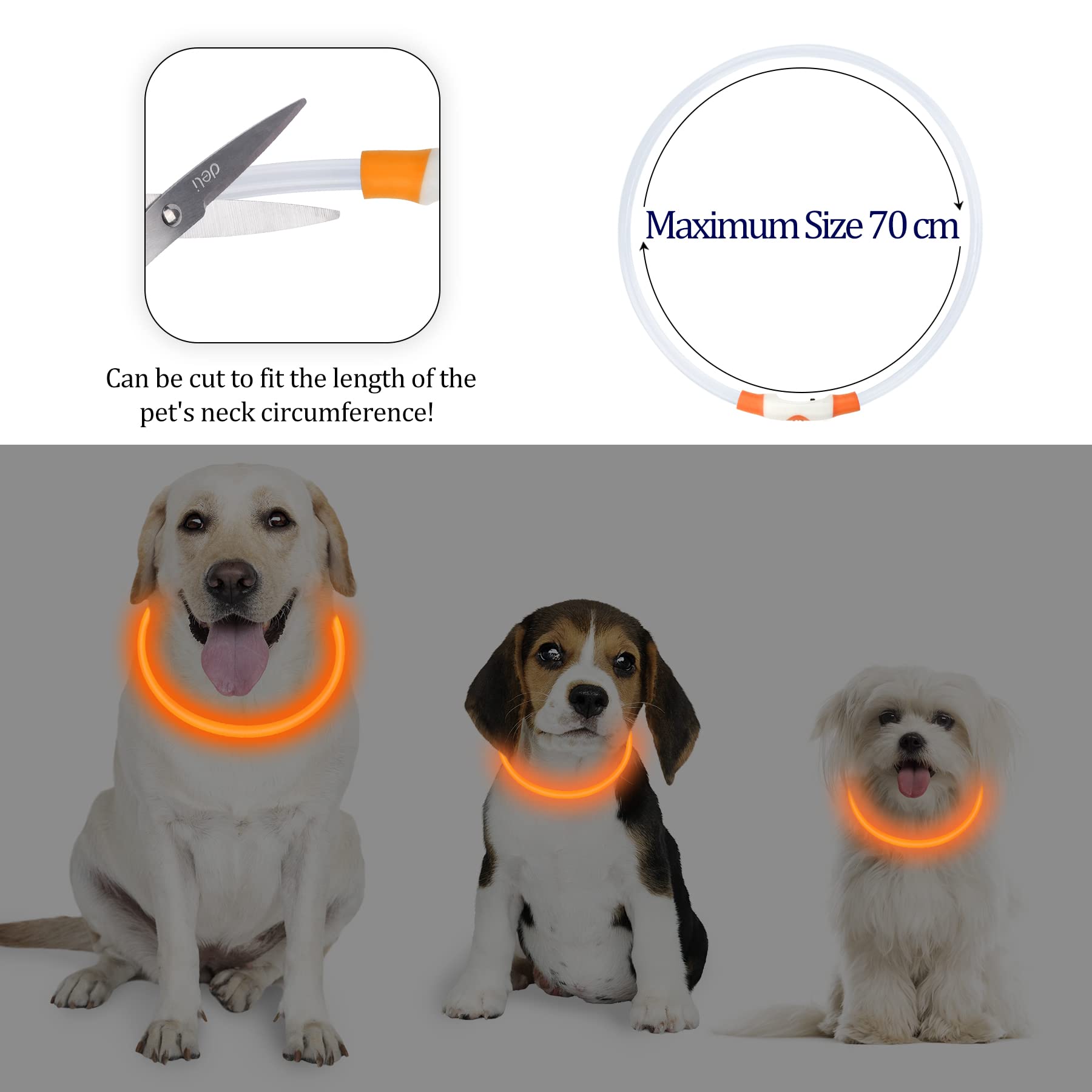 Coolzon Rechargeable and Waterproof Luminous Dog Collar with 3 Light Modes, Adjustable Length LED Collars for Dogs Cats Small Medium Large, Red