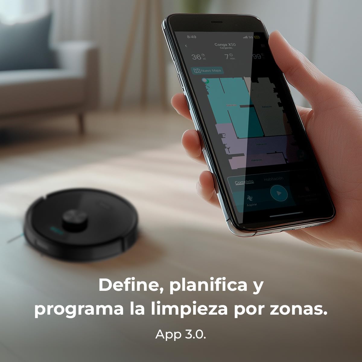 Cecotec Conga M50 Robot Vacuum Cleaner and Floor Scrubber, Laser Navigation, 5000Pa Suction Pressure, 3200 mAh Battery, Multifunction Brush for All Surfaces, Coverage up to 160 m²