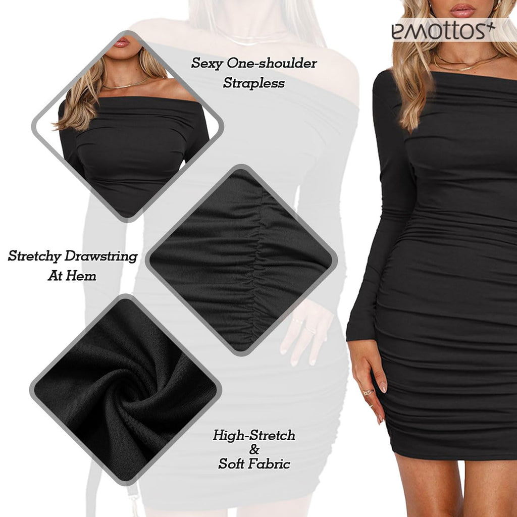 Women Mini Wrap Dress, Sexy Hip-Hugging Ruched Dresses, Soft Deep V Neck/One Shoulder Bodycon Long Sleeve Pencil Dress, Club Cocktail Party Dress(2 Style, S-L)