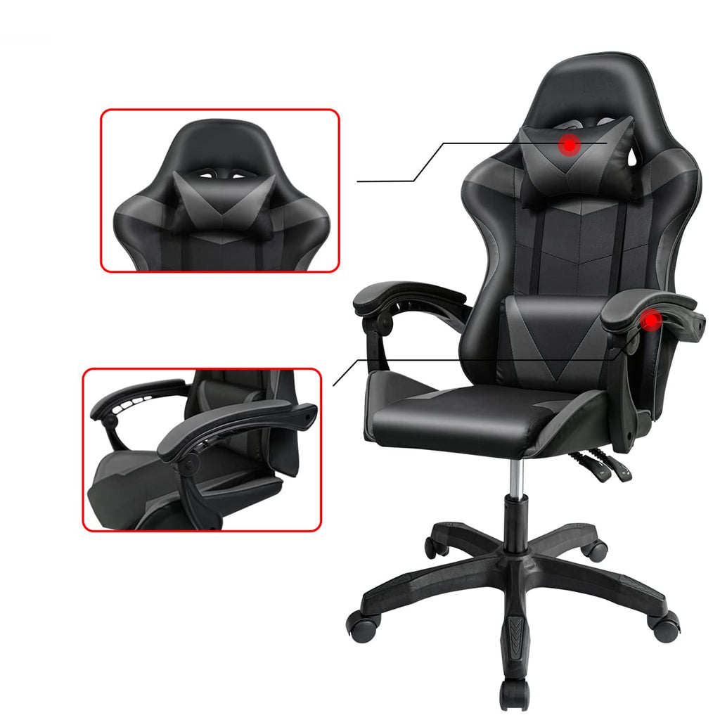 Ergonomic Reclining Gaming Chair with Lumbar and Cervical Cushion | Adjustable Height, Padded Armrests, 360° Wheels | Ideal for Office, Desk, Telework, Study, Gaming, Computer
