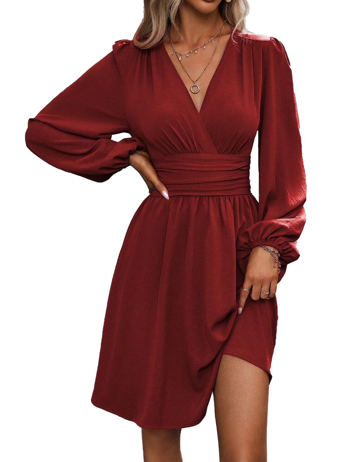 Dress Long Sleeve/Short Sleeve Women Casual Long Dresses V Neck Elegant Lantern Sleeve Dress A-Line Butterfly Sleeves