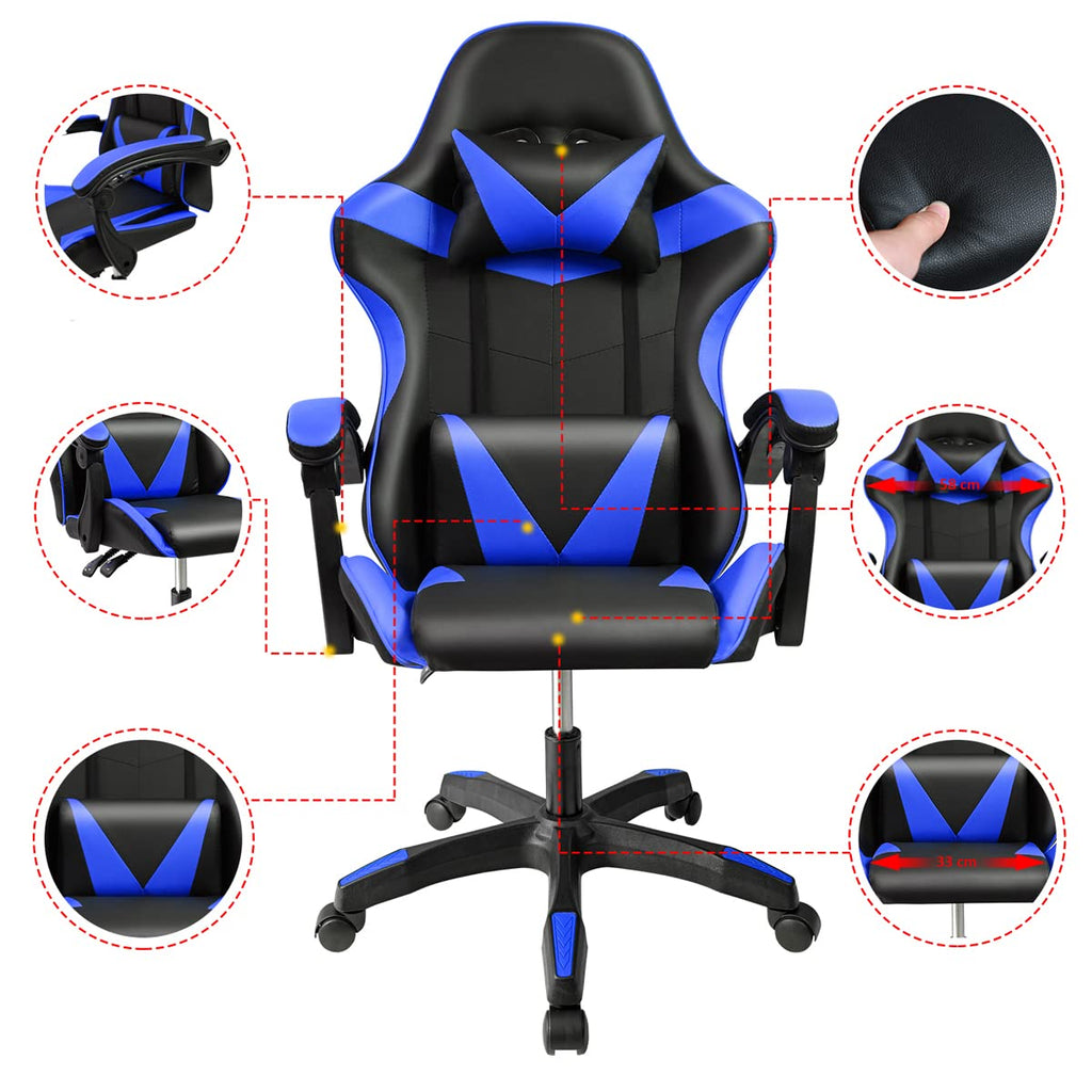 Ergonomic Reclining Gaming Chair with Lumbar and Cervical Cushion | Adjustable Height, Padded Armrests, 360° Wheels | Ideal for Office, Desk, Telework, Study, Gaming, Computer
