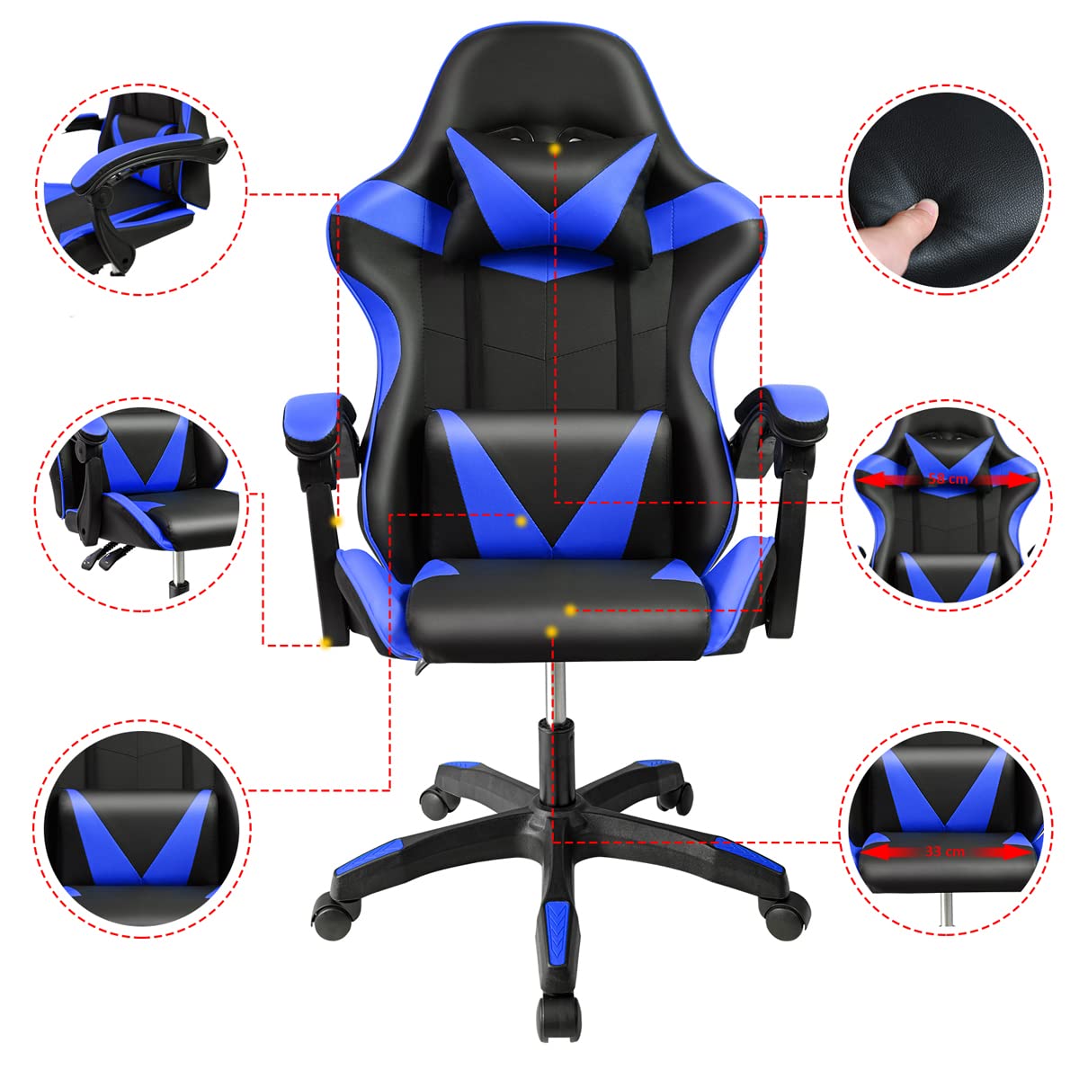 Ergonomic Reclining Gaming Chair with Lumbar and Cervical Cushion | Adjustable Height, Padded Armrests, 360° Wheels | Ideal for Office, Desk, Telework, Study, Gaming, Computer