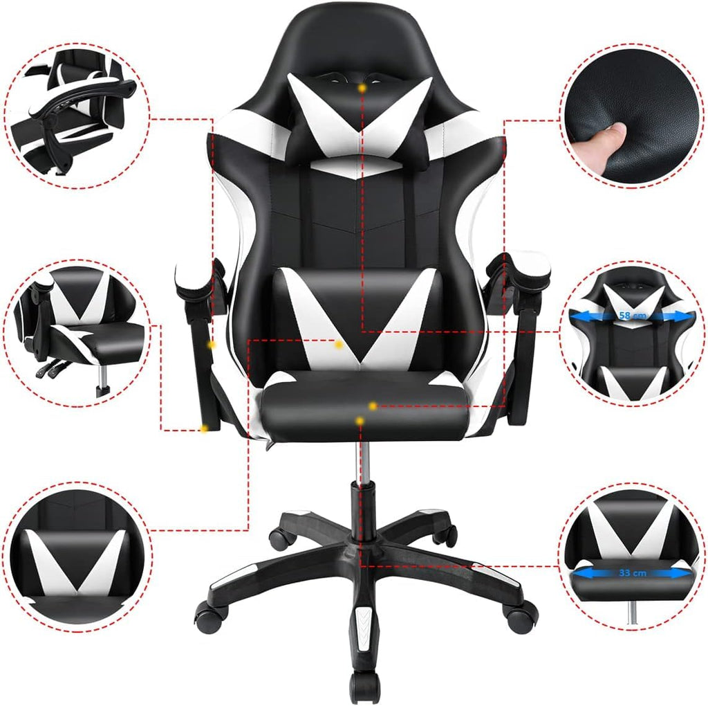 Ergonomic Reclining Gaming Chair with Lumbar and Cervical Cushion | Adjustable Height, Padded Armrests, 360° Wheels | Ideal for Office, Desk, Telework, Study, Gaming, Computer