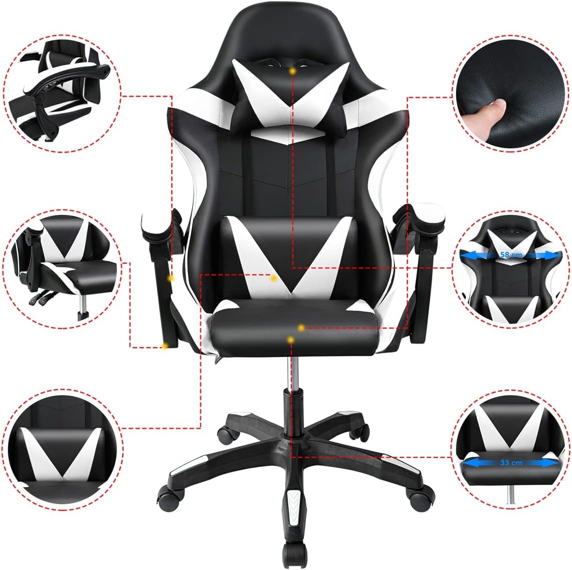 Ergonomic Reclining Gaming Chair with Lumbar and Cervical Cushion | Adjustable Height, Padded Armrests, 360° Wheels | Ideal for Office, Desk, Telework, Study, Gaming, Computer
