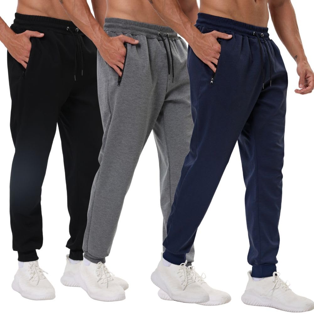 3 Pack Mens Sweatpants with Zipper Pockets, Gym Workout Pants, Jogging Running Jogging Sweatpants