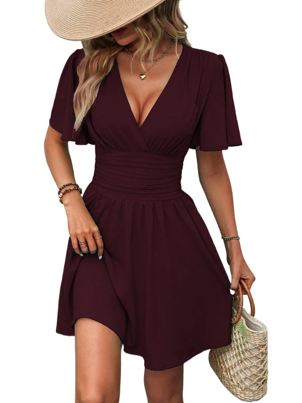 Dress Long Sleeve/Short Sleeve Women Casual Long Dresses V Neck Elegant Lantern Sleeve Dress A-Line Butterfly Sleeves