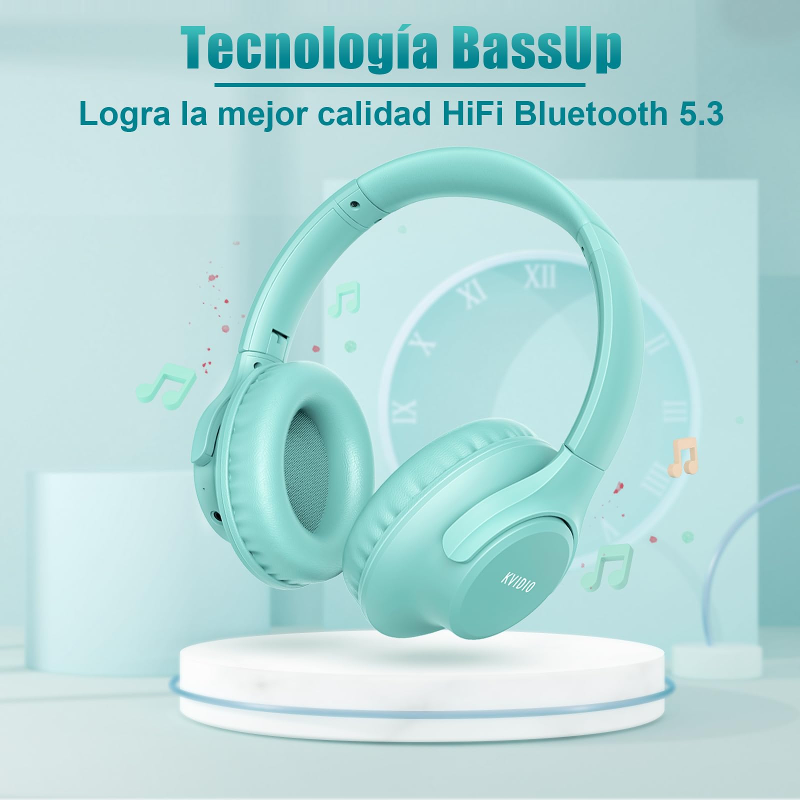 KVIDIO Wireless On-Ear Headphones, 55 Hours Playtime Bluetooth Headphones, Foldable Lightweight Headphones with Microphone, Deep Bass (Black)