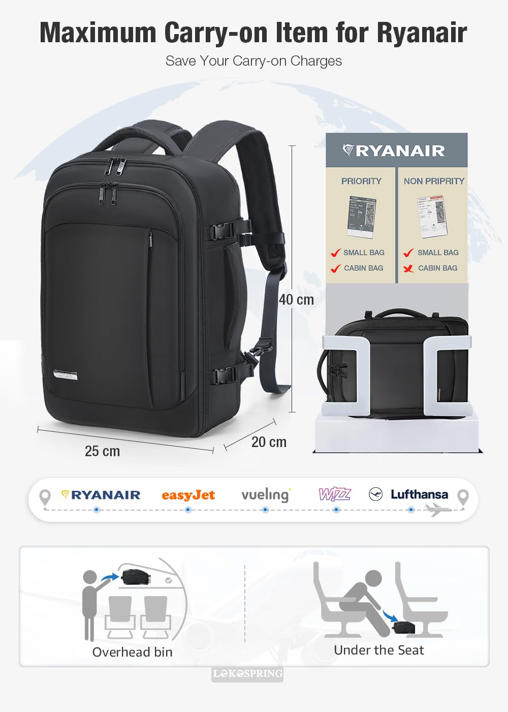 Travel Backpack Cabin Airplane 40x20x25 | Travel Backpack Woman Man - Travel Suitcases Cabin with 6 Organizer Bags - Holidays Business Travel School