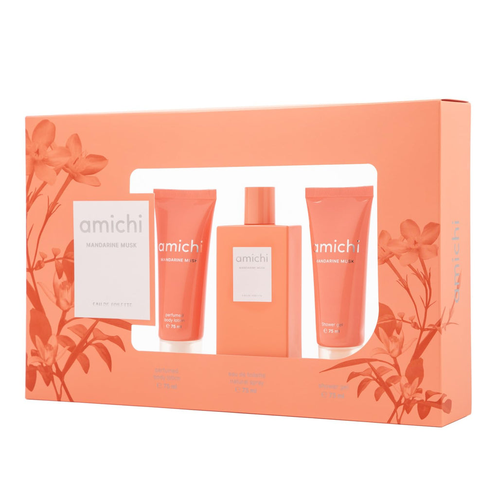 AMICHI - Mandarine Musk, Women's Gift Box, 75 ml Cologne + Body Wash 75 ml + Body Lotion 75 ml, Women's Eau de Toilette, Sweet and Citrus Fragrance, Long Lasting Extravagant Scent