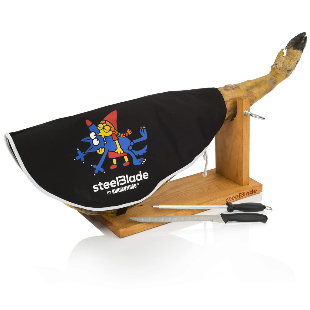 Ham Holder + Kukuxumusu Ham Cover + Ham Knife and Chaira – Ham Holder Made in Spain