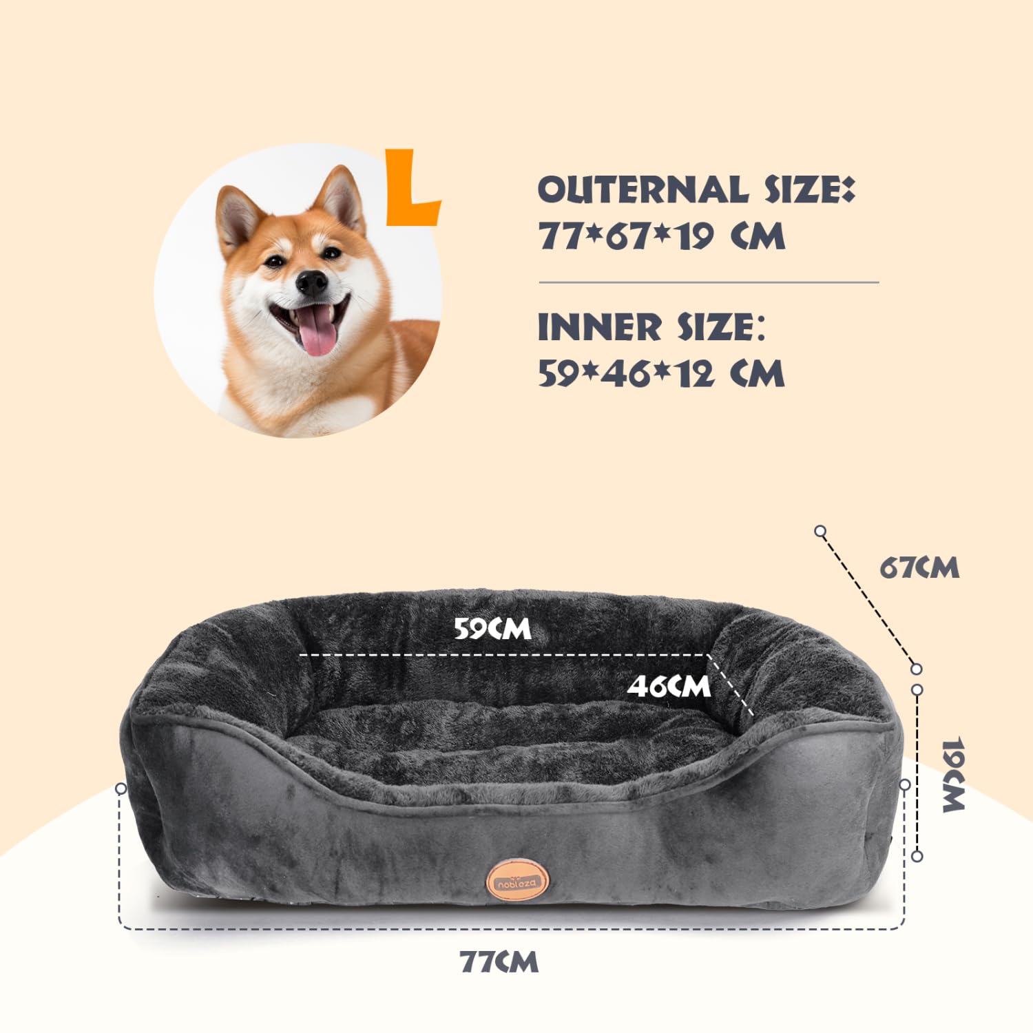 Nobleza Washable Dog Bed, Non-Slip with Super Soft Fibre Filling for Small and Medium Pets, Black, M, 67 x 57 cm
