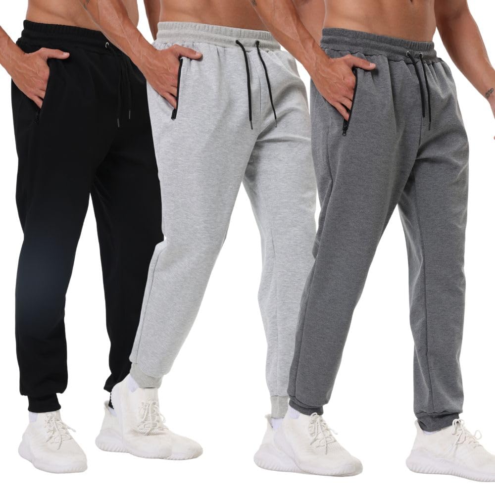3 Pack Mens Sweatpants with Zipper Pockets, Gym Workout Pants, Jogging Running Jogging Sweatpants