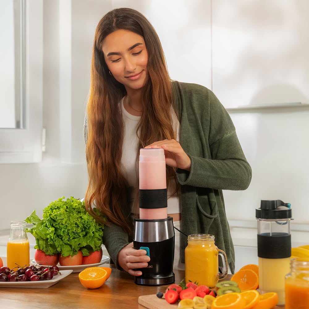 Cecotec EasyGo Power Titanium 350 350 W Portable Single Cup Blender, Ice Pick, 4 Blades Titanium Coated Black Blades, Includes 2 Cooling Tubes, 2 Portable Cups and 2 Lids