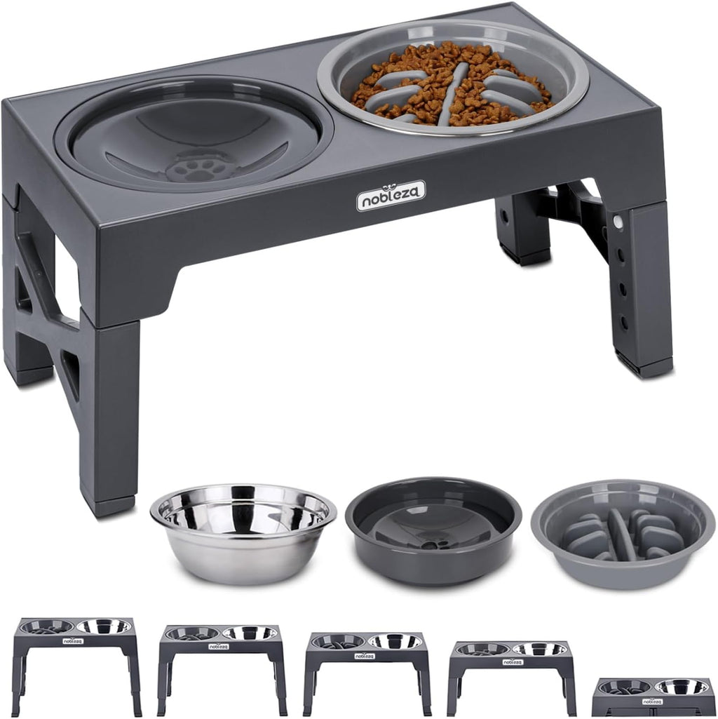Nobleza Elevated Dog Feeder with 5 Adjustable Heights, 1 x 800 ml Non-Drip Feeder Drinker, 1 x 1100 ml Steel Drinking Bowl and 1 x 800 ml Anti-Dripping Dog Feeder, Grey