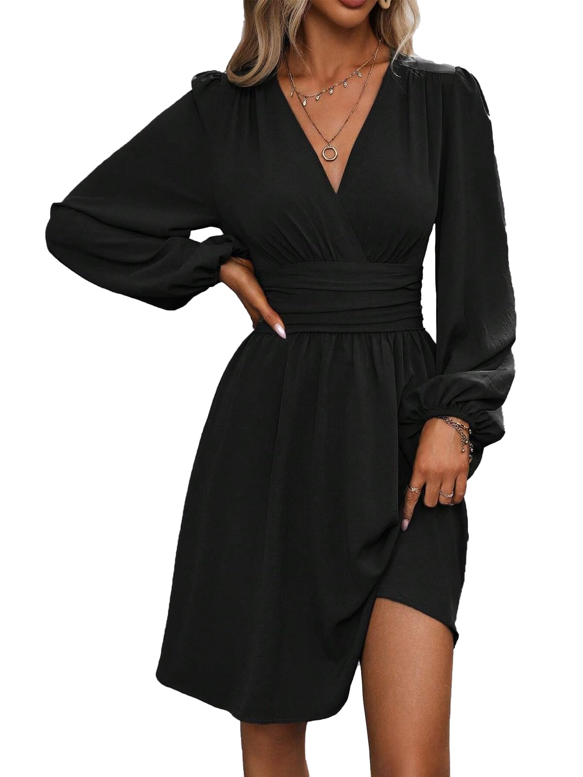 Dress Long Sleeve/Short Sleeve Women Casual Long Dresses V Neck Elegant Lantern Sleeve Dress A-Line Butterfly Sleeves