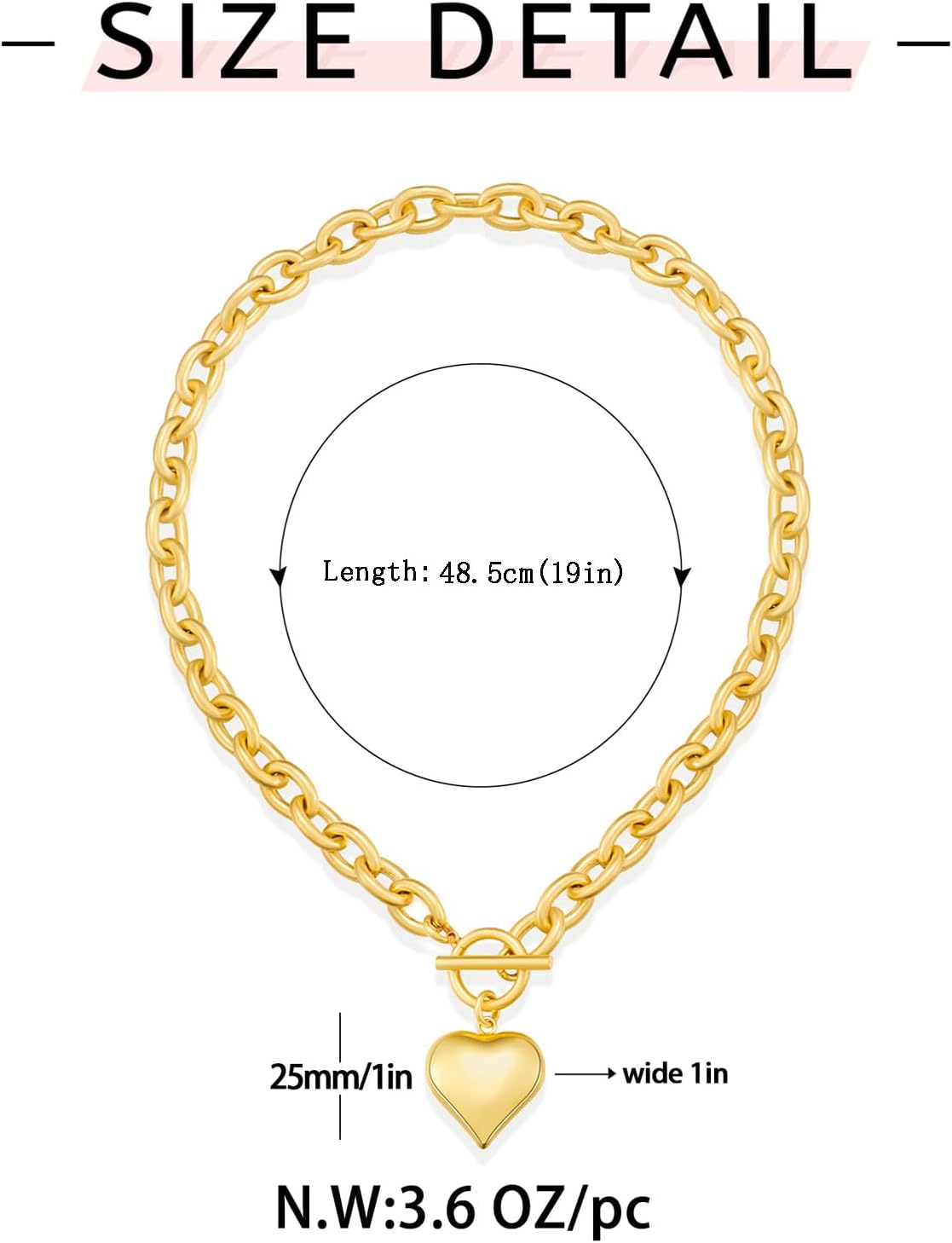 WOWORAMA gold chunky chain necklace for women puffy heart pendant necklace white gold thick chain necklace thick chain necklace heart coin choker, zinc, no