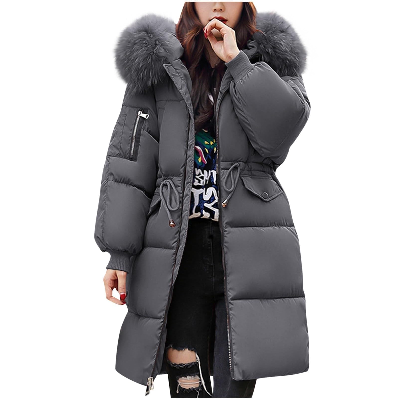 Women's Warm Winter Coat with Hood Thick Padded Jacket Winter Cotton Jacket with Hood, Plush Outer Coat with Waist, Ski Coat and