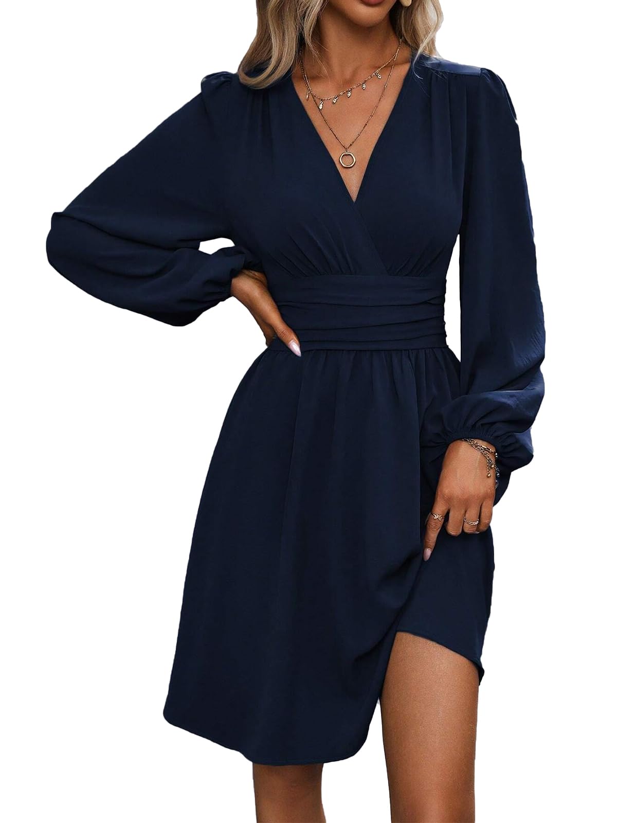 Dress Long Sleeve/Short Sleeve Women Casual Long Dresses V Neck Elegant Lantern Sleeve Dress A-Line Butterfly Sleeves