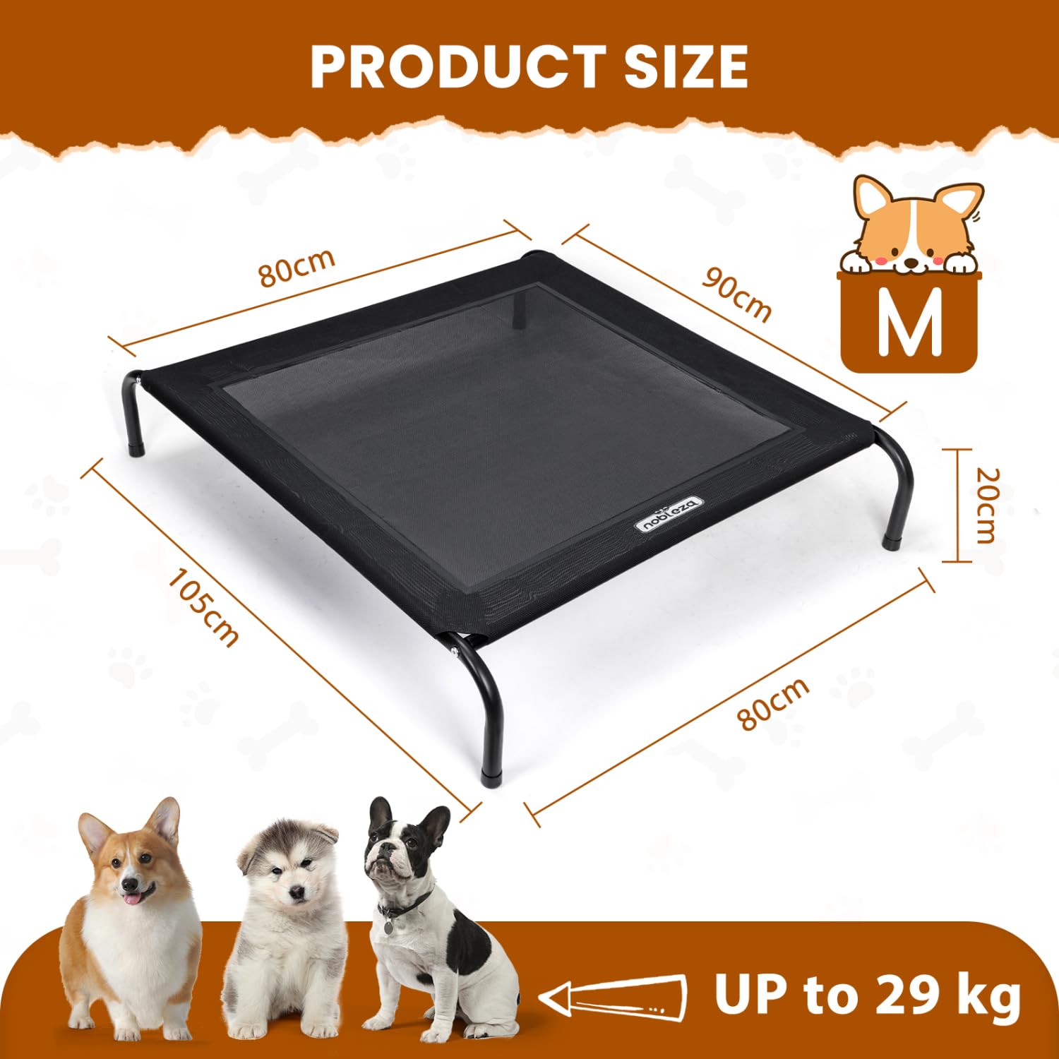 Nobleza Washable Raised Dog Bed, Cooling and Breathable for Outdoor and Indoor, Robust, Grey, L, 124 x 90 x 20 cm
