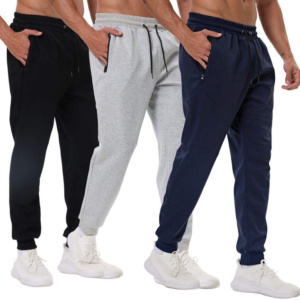 3 Pack Mens Sweatpants with Zipper Pockets, Gym Workout Pants, Jogging Running Jogging Sweatpants