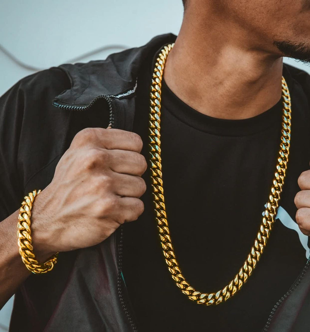 Bestyle Cuban Chain Necklace 5 mm/7 mm/9 mm/12 mm Width Necklace Cuban Miami Chain Length 45-76 cm Necklace Stainless Steel Cuban Chain Silver/Gold/Black Hip Hop Rock Punk Chain
