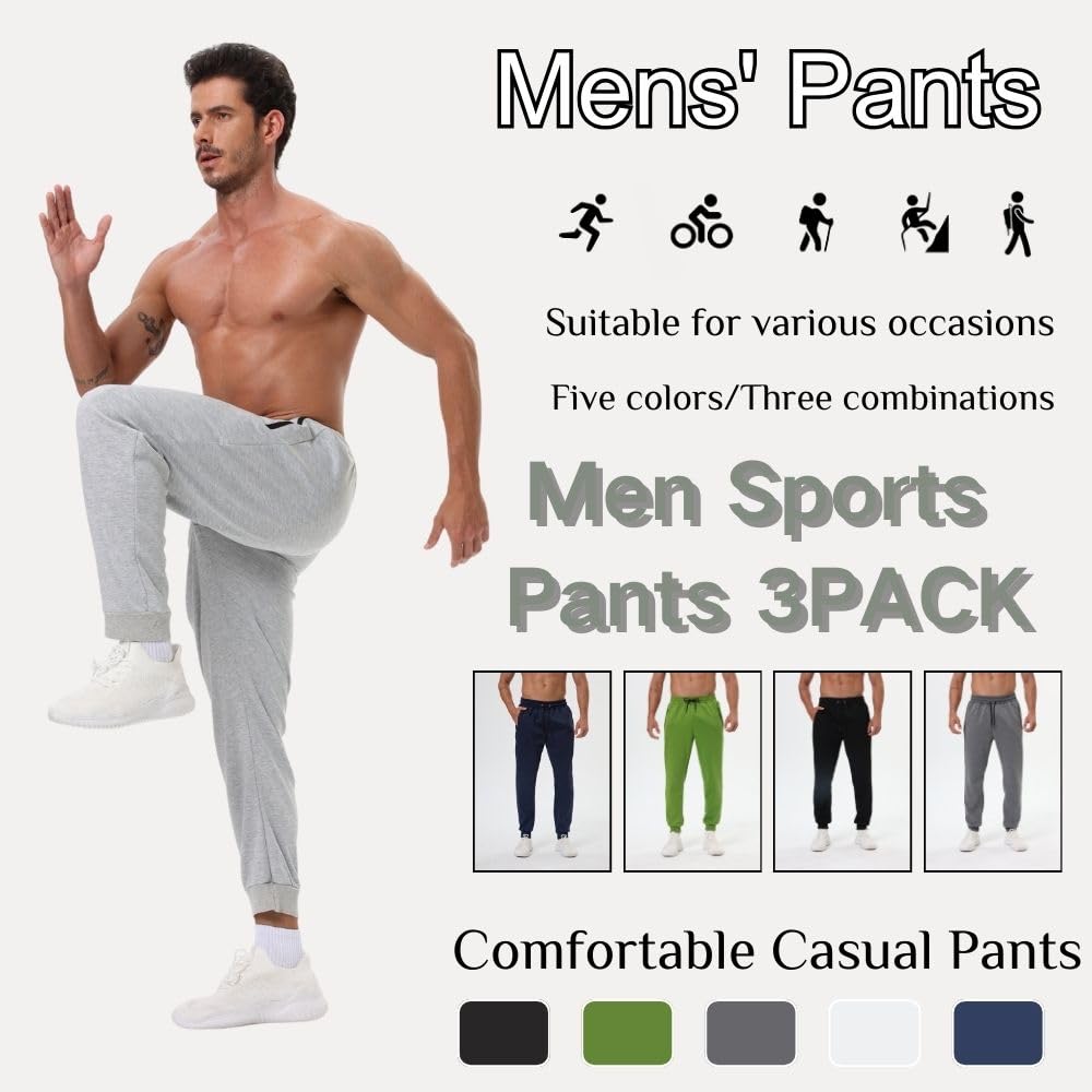 3 Pack Mens Sweatpants with Zipper Pockets, Gym Workout Pants, Jogging Running Jogging Sweatpants