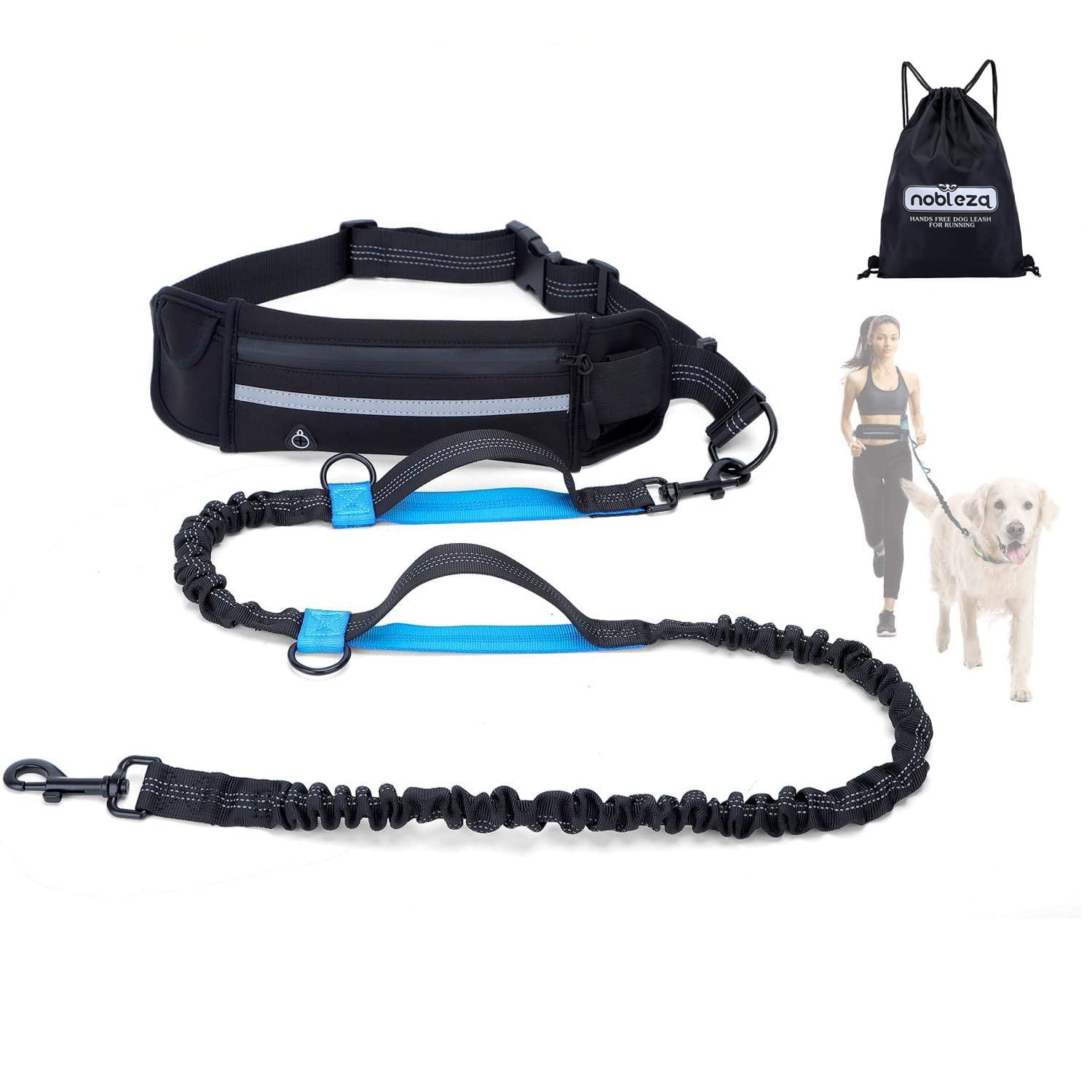 Nobleza Elastic Hands-Free Dog Leash with Pocket, Retractable Dog Leash with Double Elastic Rope, Adjustable Belt, Reflective Band