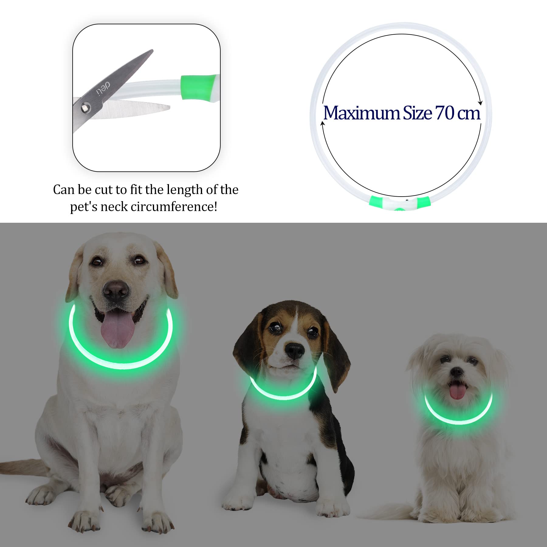 Coolzon Rechargeable and Waterproof Luminous Dog Collar with 3 Light Modes, Adjustable Length LED Collars for Dogs Cats Small Medium Large, Red