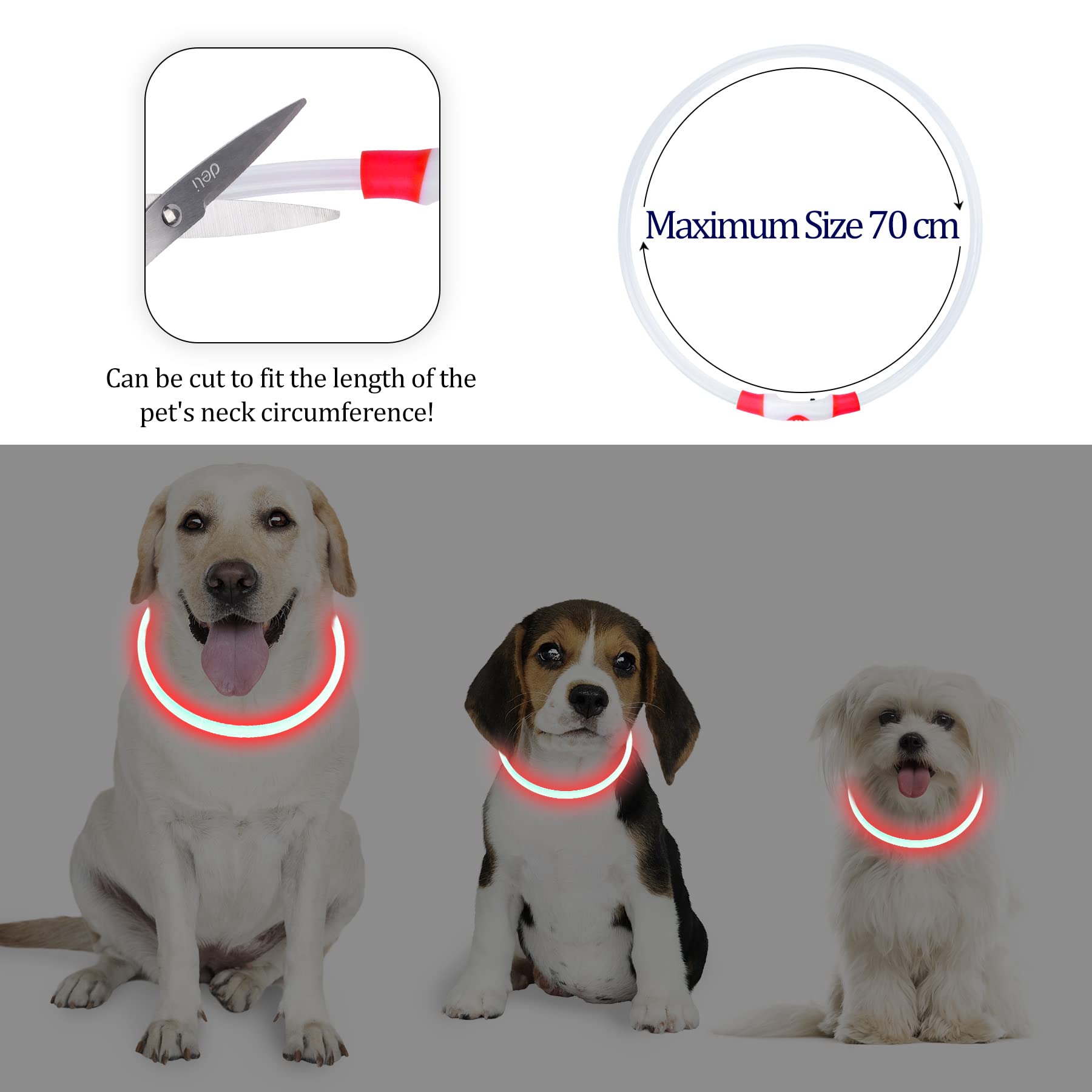 Coolzon Rechargeable and Waterproof Luminous Dog Collar with 3 Light Modes, Adjustable Length LED Collars for Dogs Cats Small Medium Large, Red