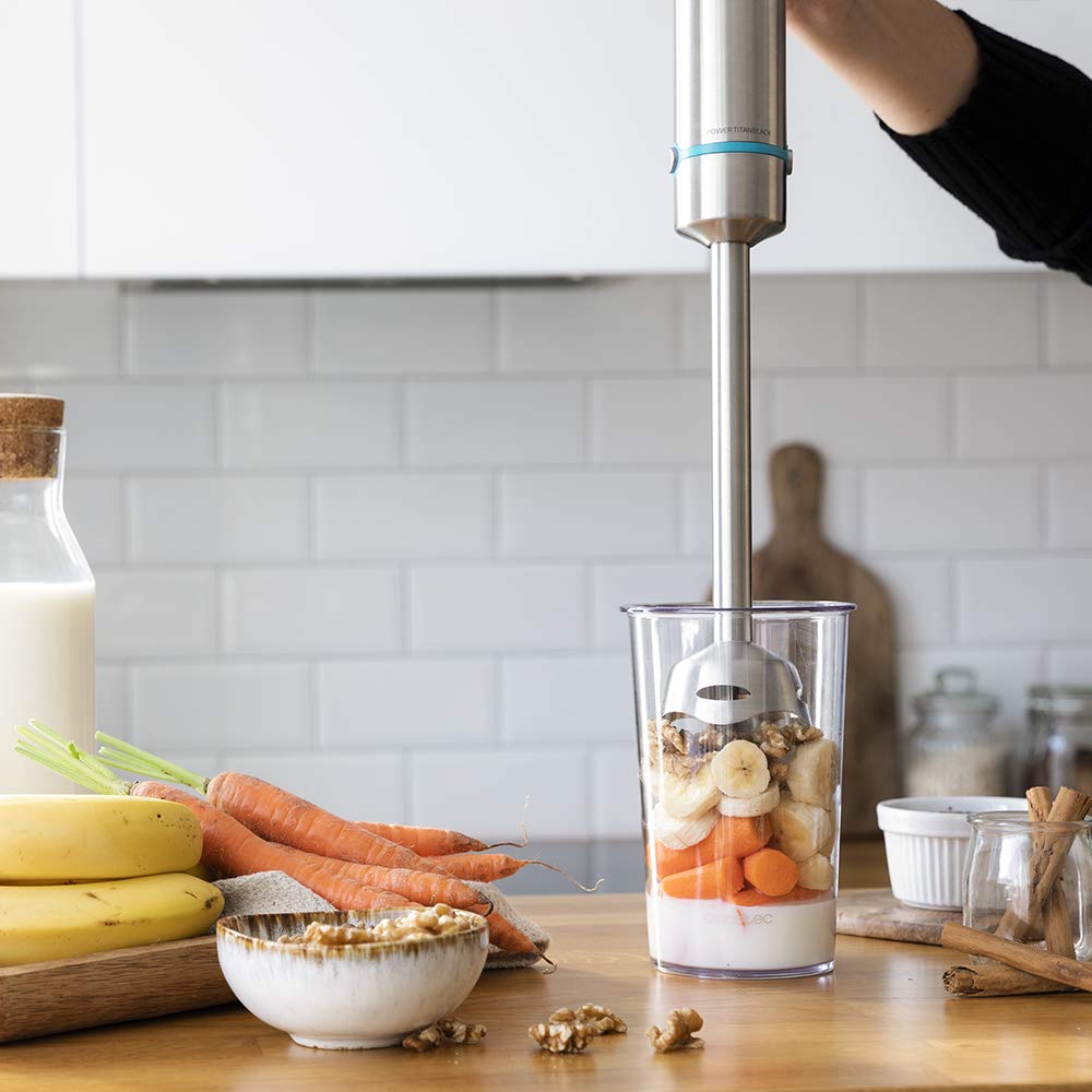 Cecotec Power TitanBlack 1500 XL PerfectCream&Crush Hand Blender, 1500 W, CrossBlades Technology with 4-Blade Blades, XL Foot, Includes Chopper, Whisk Sticks and Masher