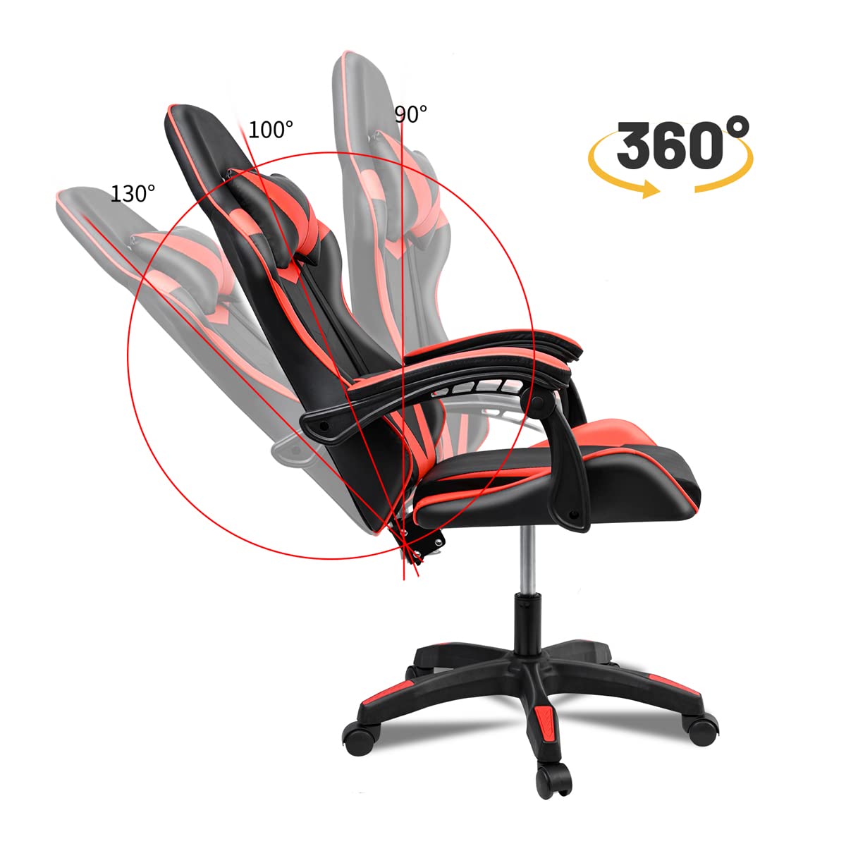 Ergonomic Reclining Gaming Chair with Lumbar and Cervical Cushion | Adjustable Height, Padded Armrests, 360° Wheels | Ideal for Office, Desk, Telework, Study, Gaming, Computer