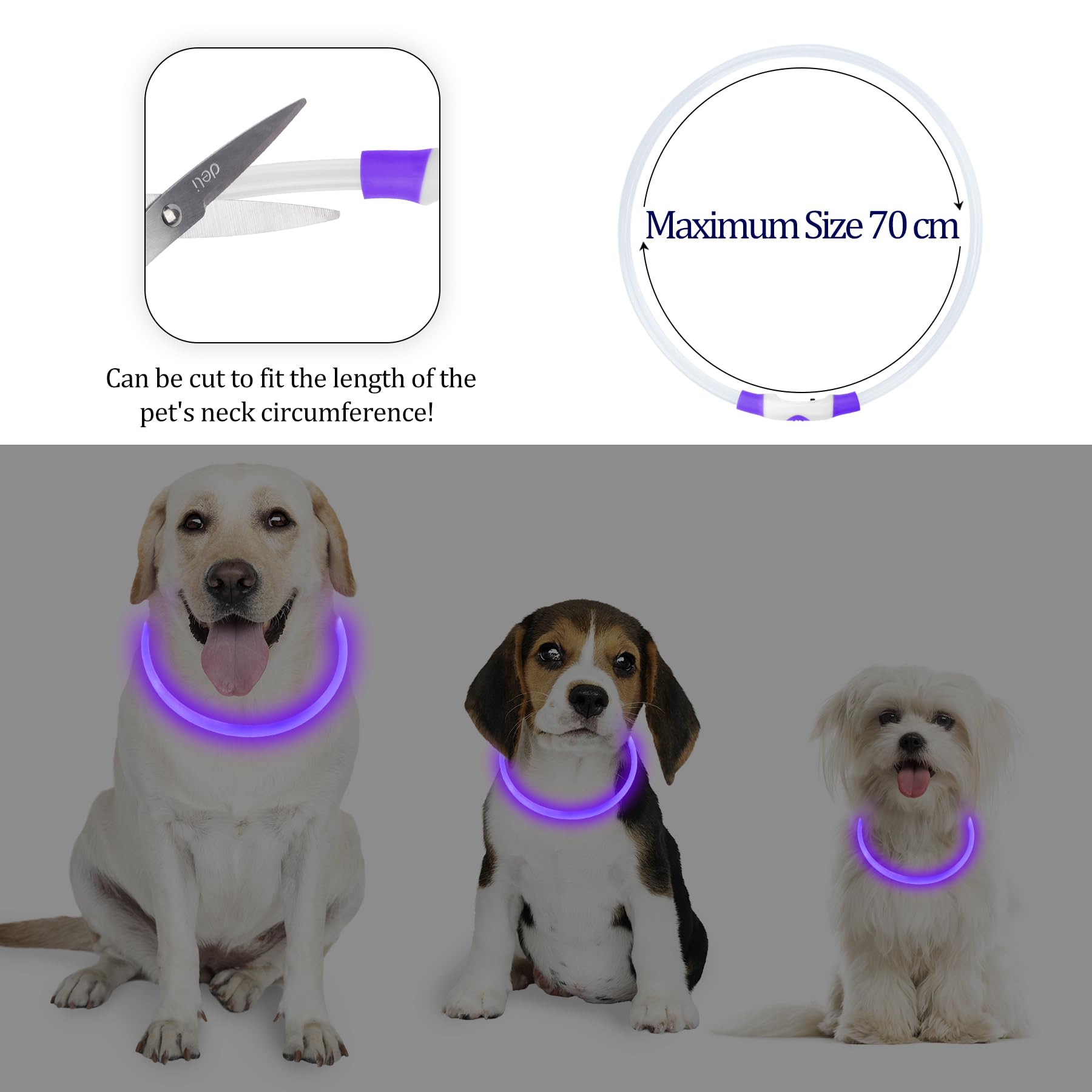 Coolzon Rechargeable and Waterproof Luminous Dog Collar with 3 Light Modes, Adjustable Length LED Collars for Dogs Cats Small Medium Large, Red