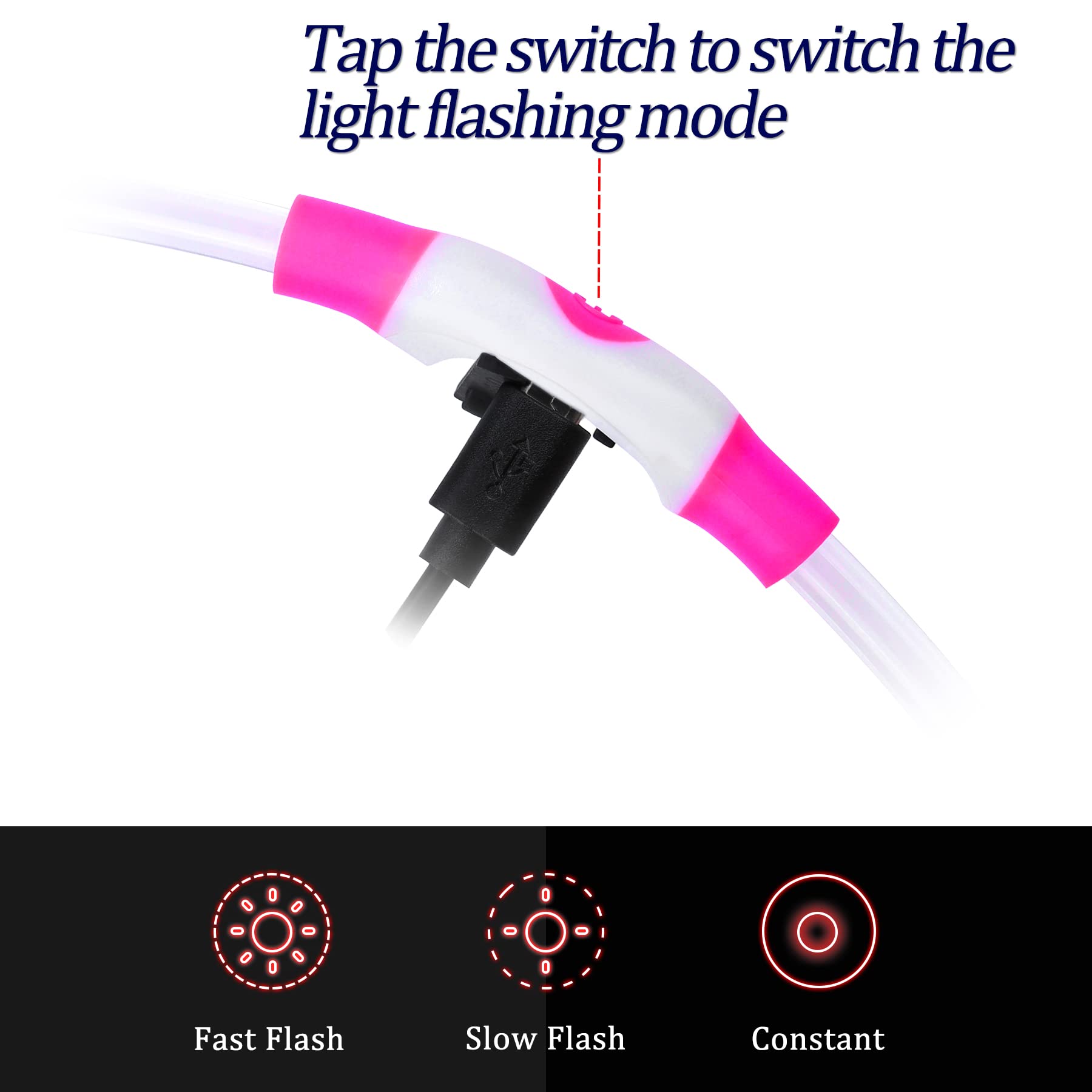 Coolzon Rechargeable and Waterproof Luminous Dog Collar with 3 Light Modes, Adjustable Length LED Collars for Dogs Cats Small Medium Large, Red