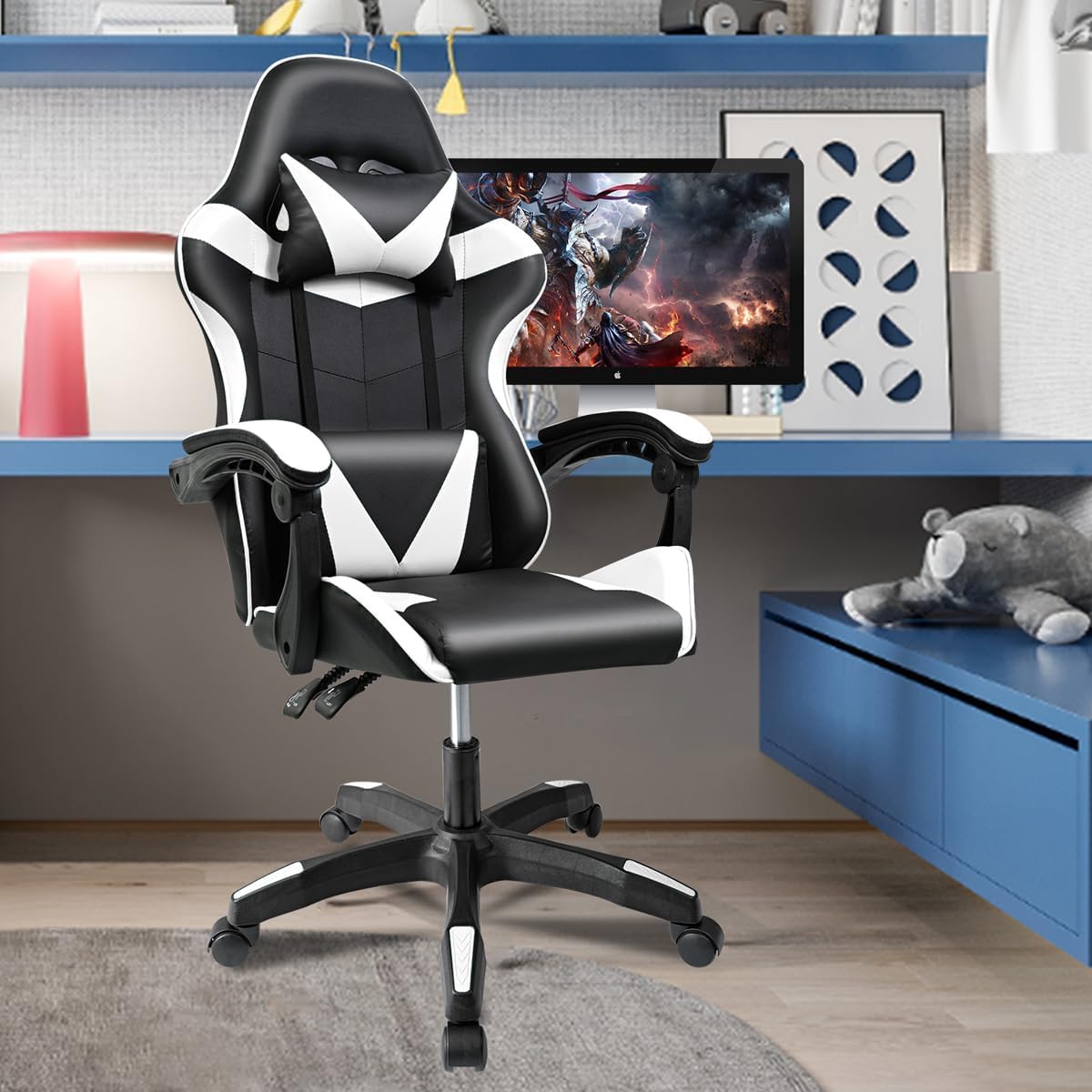 Ergonomic Reclining Gaming Chair with Lumbar and Cervical Cushion | Adjustable Height, Padded Armrests, 360° Wheels | Ideal for Office, Desk, Telework, Study, Gaming, Computer