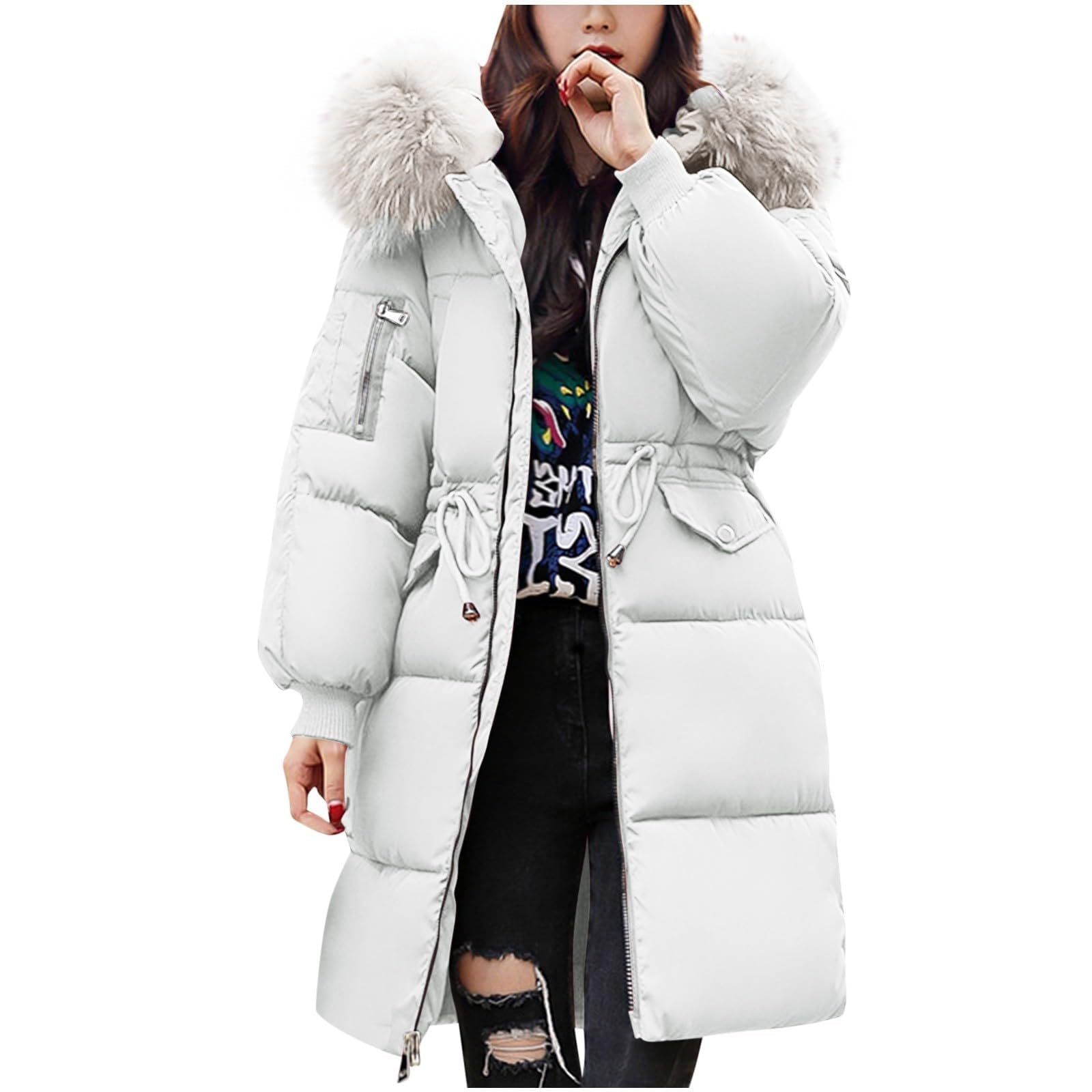 Women's Warm Winter Coat with Hood Thick Padded Jacket Winter Cotton Jacket with Hood, Plush Outer Coat with Waist, Ski Coat and