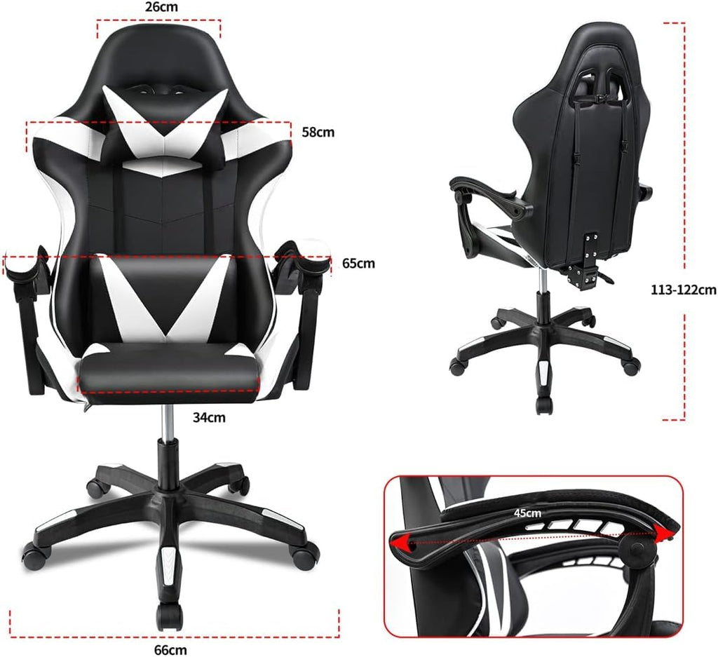 Ergonomic Reclining Gaming Chair with Lumbar and Cervical Cushion | Adjustable Height, Padded Armrests, 360° Wheels | Ideal for Office, Desk, Telework, Study, Gaming, Computer