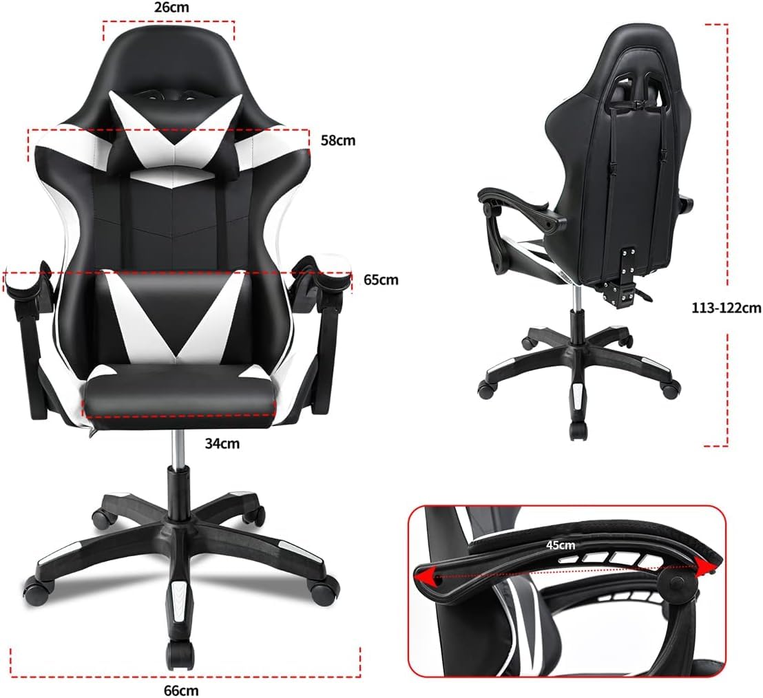 Ergonomic Reclining Gaming Chair with Lumbar and Cervical Cushion | Adjustable Height, Padded Armrests, 360° Wheels | Ideal for Office, Desk, Telework, Study, Gaming, Computer