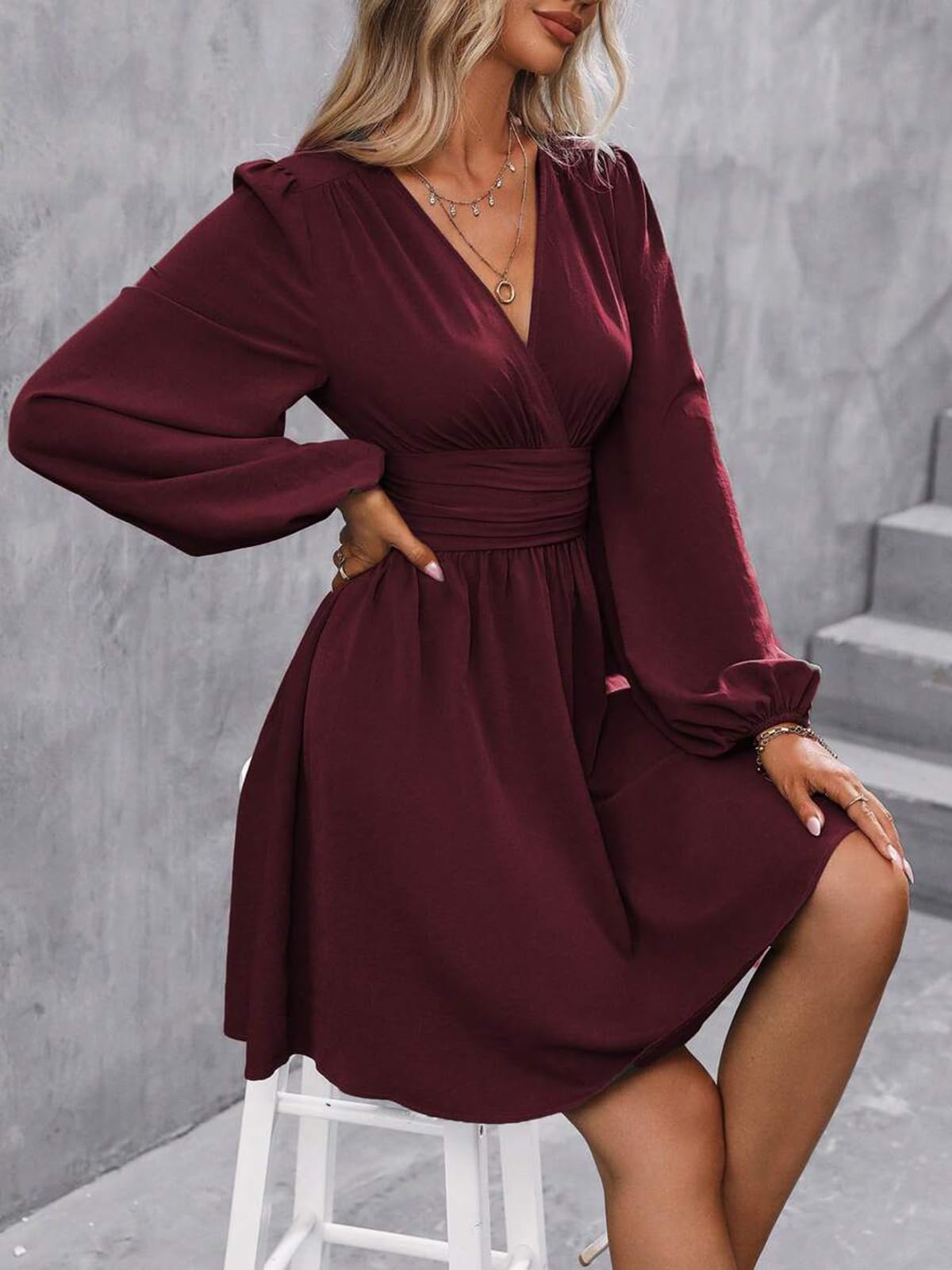 Dress Long Sleeve/Short Sleeve Women Casual Long Dresses V Neck Elegant Lantern Sleeve Dress A-Line Butterfly Sleeves