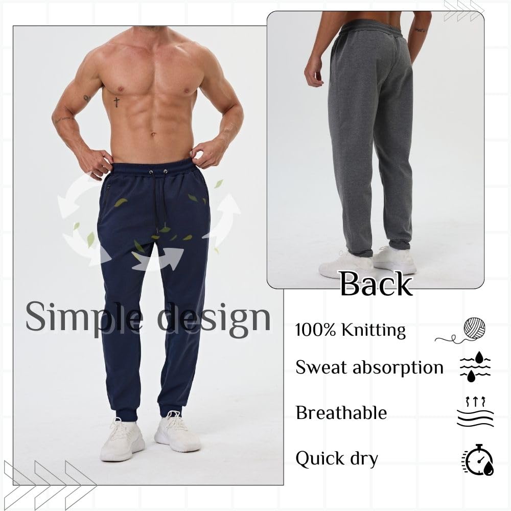 3 Pack Mens Sweatpants with Zipper Pockets, Gym Workout Pants, Jogging Running Jogging Sweatpants