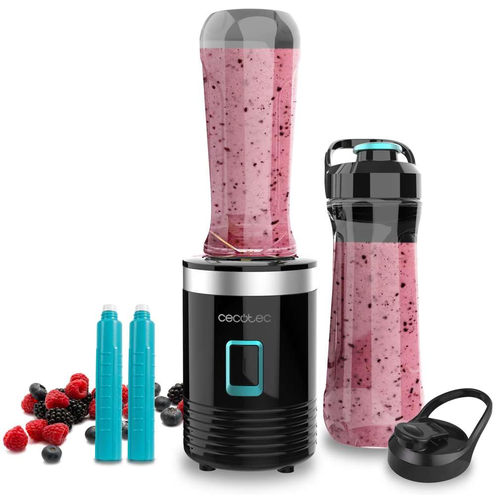 Cecotec EasyGo Power Titanium 350 350 W Portable Single Cup Blender, Ice Pick, 4 Blades Titanium Coated Black Blades, Includes 2 Cooling Tubes, 2 Portable Cups and 2 Lids