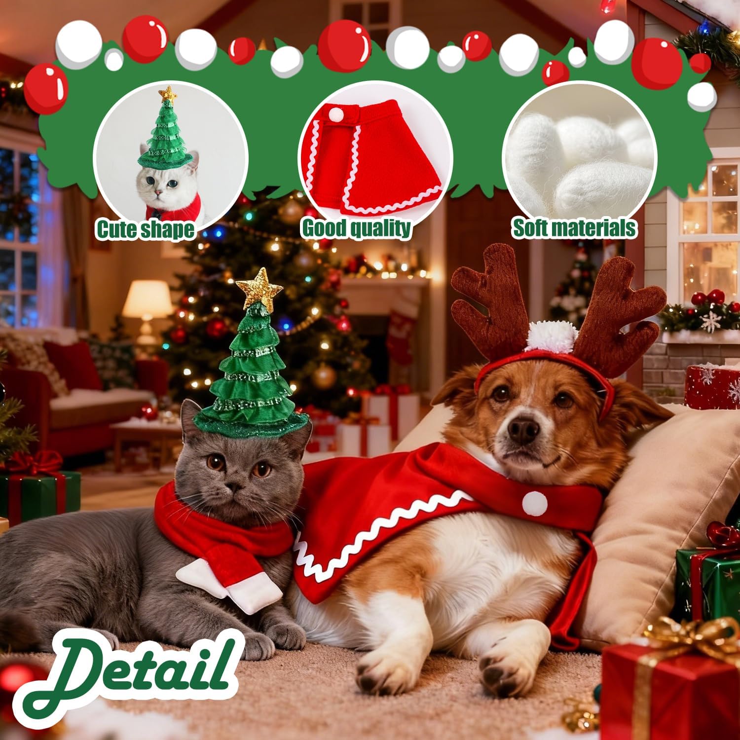 Christmas Costume for Pets, 4 Pieces Christmas Accessories Pet Clothes, Christmas Costumes for Cats Dogs with Hat, Reindeer Antlers Headband, Scarf, Mantle, for Dogs Cats