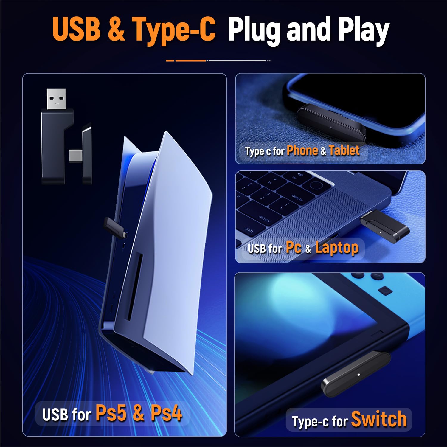 Ozeino Wireless Gaming Headset for PC/Ps5/Ps4, 2.4GHz Wireless+Bluetooth Wireless Gaming Headphones, Low Latency Lossless Sound Quality, 30Hr+ Duration