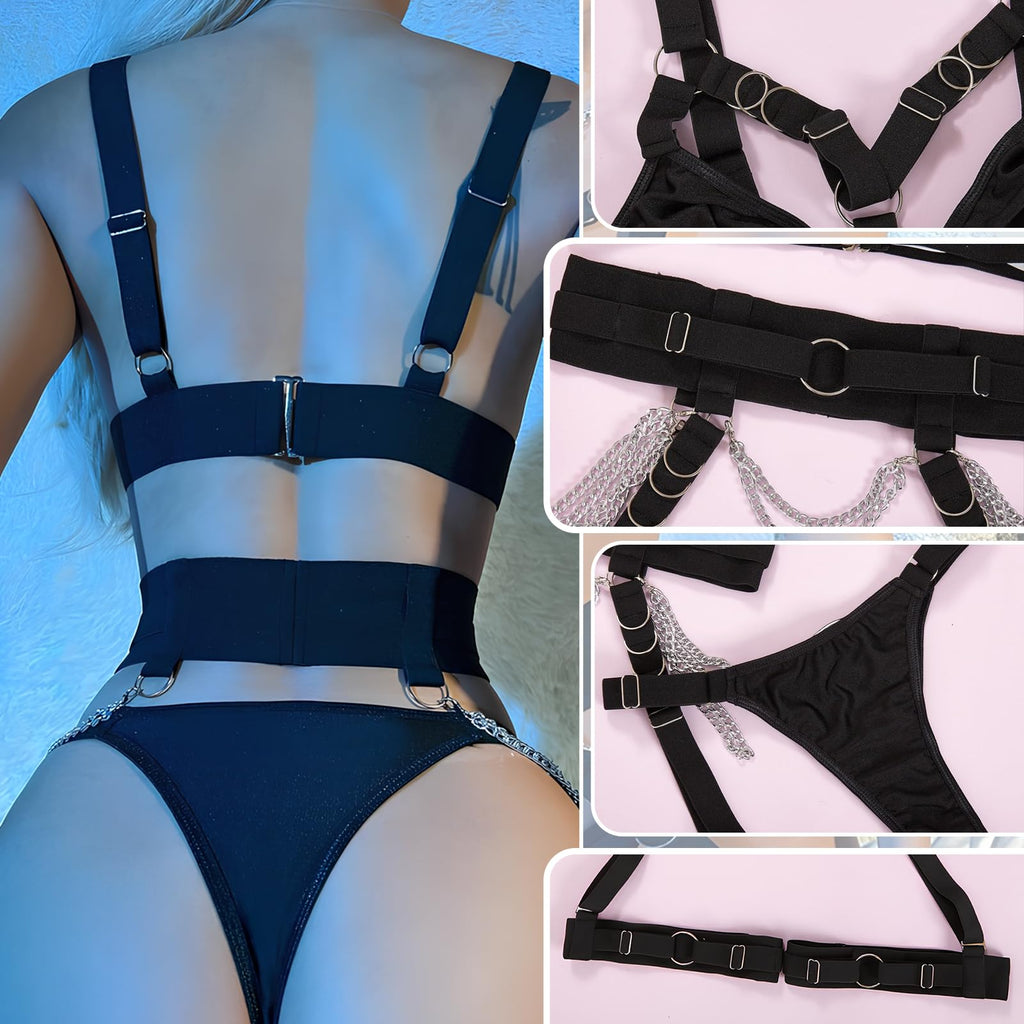 Sexy Lingerie Sets for Women, 5 Pieces Exotic Lingerie Sets with Thigh Garters Bra Set with Underwire and Chain