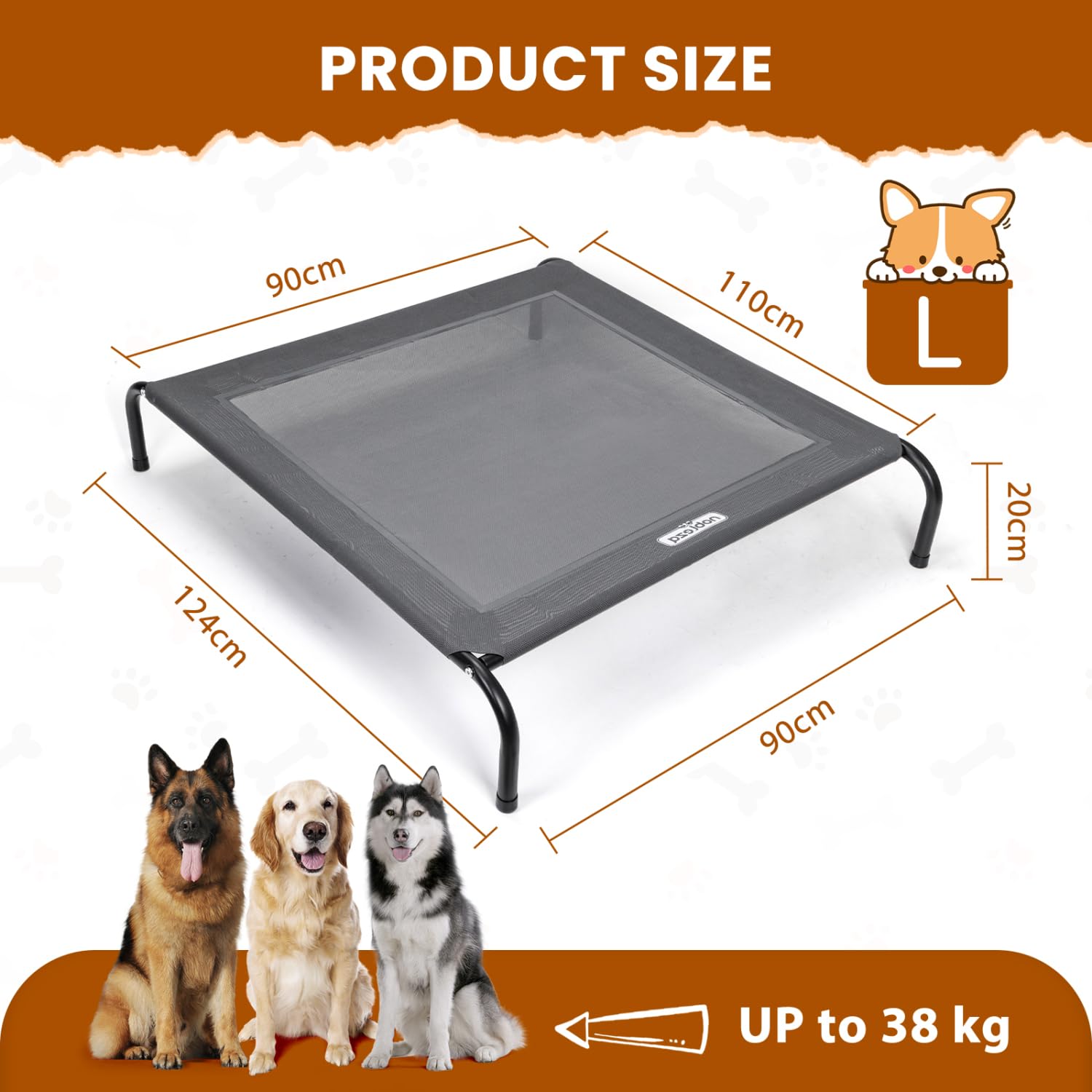 Nobleza Washable Raised Dog Bed, Cooling and Breathable for Outdoor and Indoor, Robust, Grey, L, 124 x 90 x 20 cm