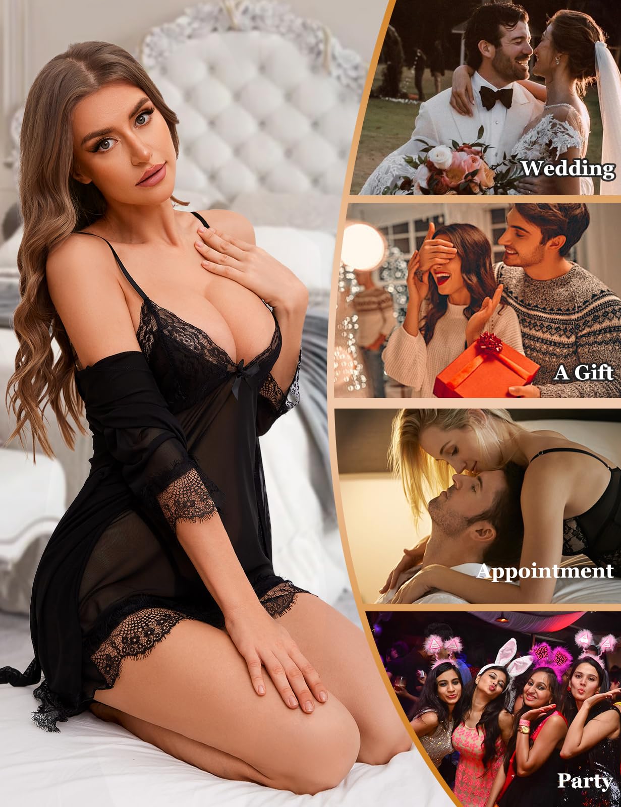 Tuopuda Sexy Lingerie Set for Women Hot 3 Pieces Sleepwear Dress with G-String and Transparent Bathrobes Mesh Babydoll Nightgown Bridal Nightgown Lace Pajamas Sleepwear