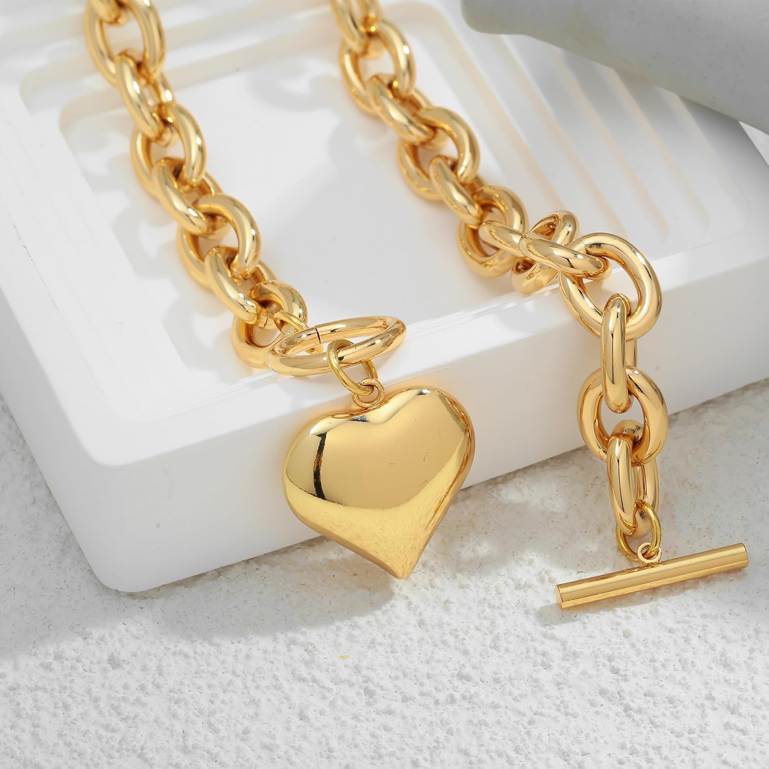 WOWORAMA gold chunky chain necklace for women puffy heart pendant necklace white gold thick chain necklace thick chain necklace heart coin choker, zinc, no