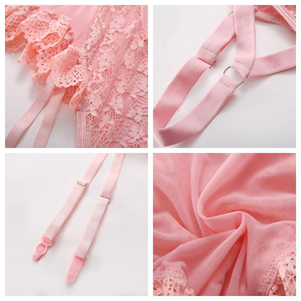 Women's Sexy Lingerie Erotic Lingerie Babydoll Lace Bodysuit with Garter Belt Lace Push Up Bra 2 Thigh Cuffs Lingerie Set Teddy Lingerie V Neck Nightwear