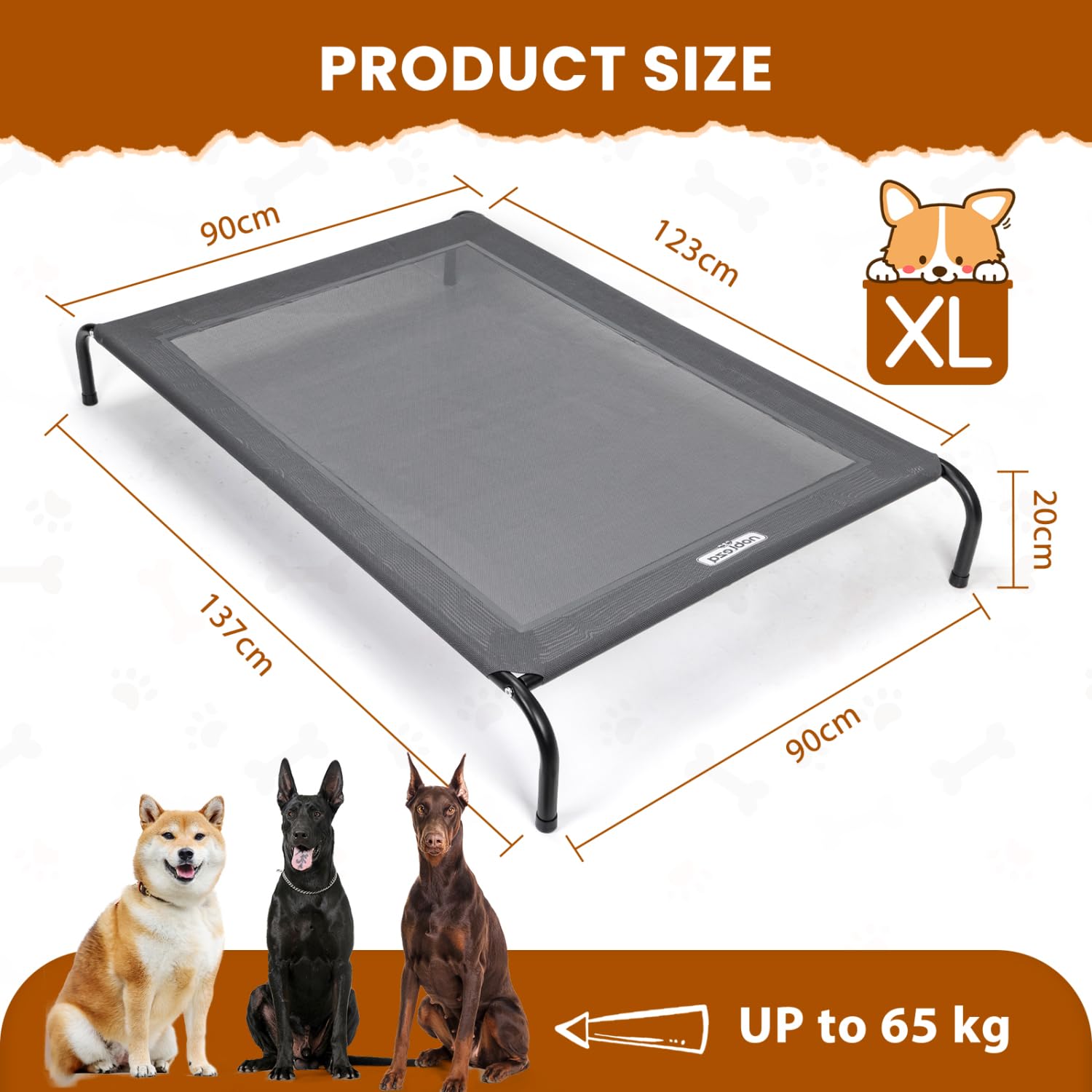 Nobleza Washable Raised Dog Bed, Cooling and Breathable for Outdoor and Indoor, Robust, Grey, L, 124 x 90 x 20 cm